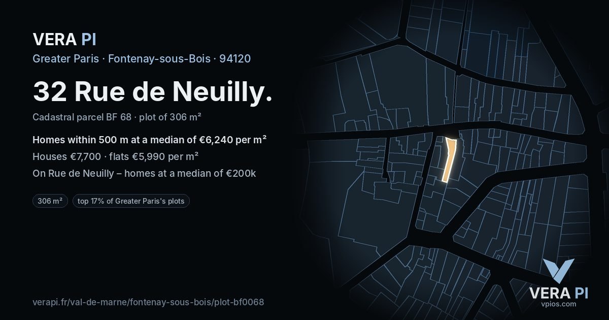 32 Rue de Neuilly, Fontenay-sous-Bois at night – the plot lit, the parcels around coloured by the prices near them
