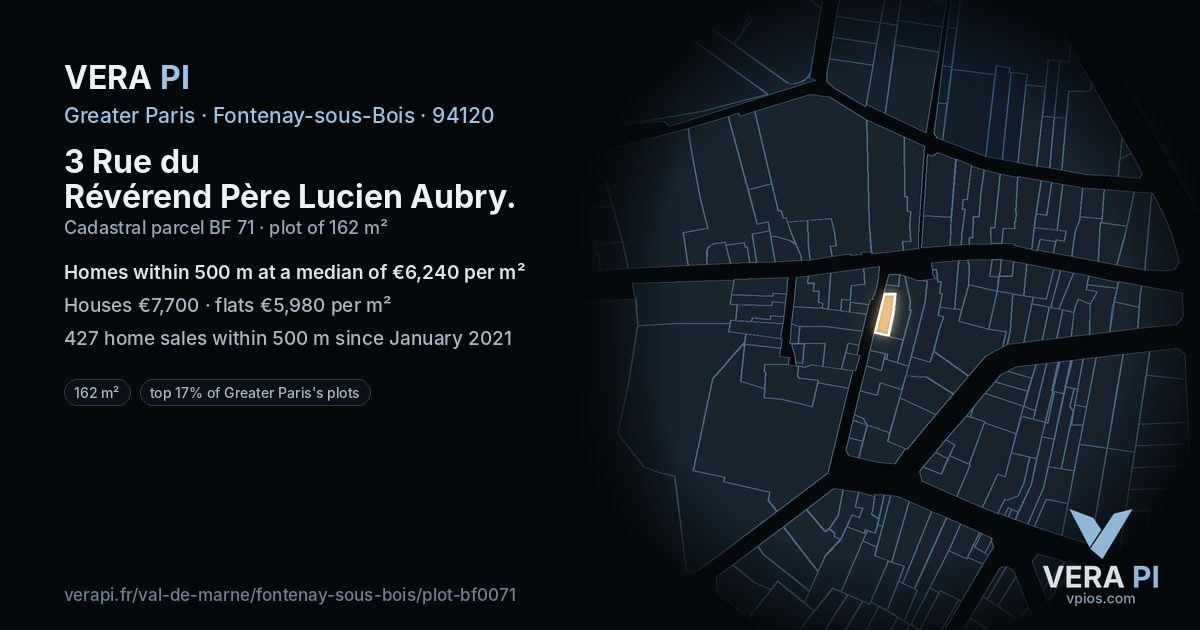 3 Rue du Révérend Père Lucien Aubry, Fontenay-sous-Bois at night – the plot lit, the parcels around coloured by the prices near them
