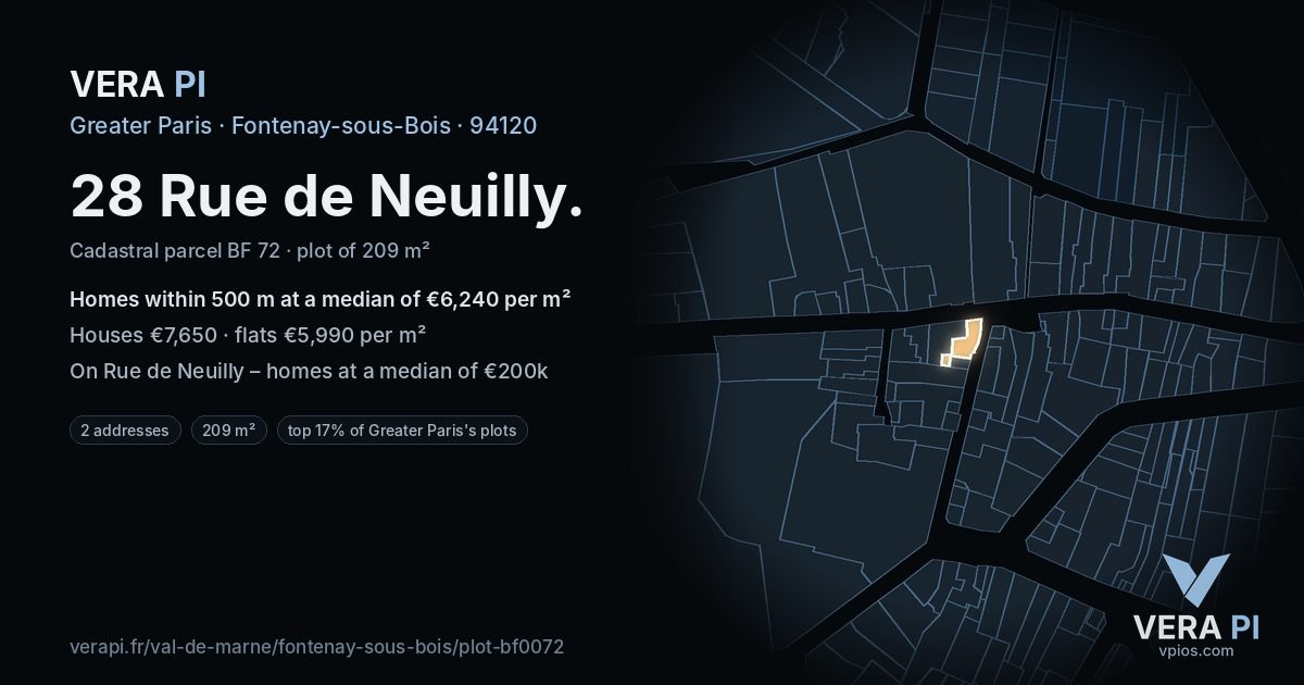 28 Rue de Neuilly, Fontenay-sous-Bois at night – the plot lit, the parcels around coloured by the prices near them