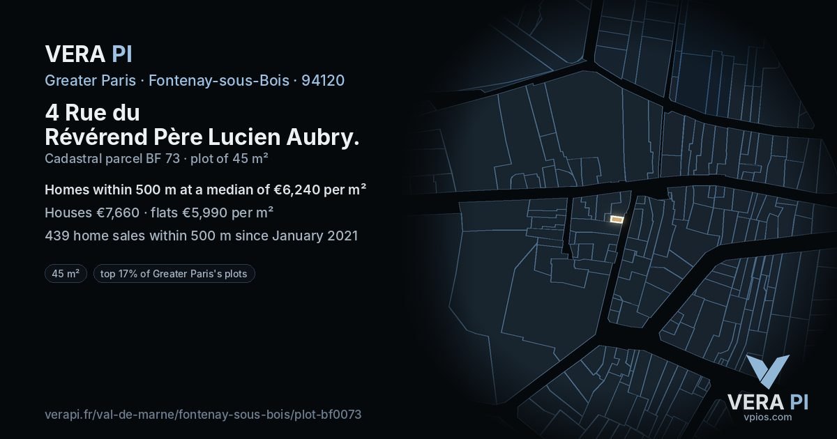 4 Rue du Révérend Père Lucien Aubry, Fontenay-sous-Bois at night – the plot lit, the parcels around coloured by the prices near them