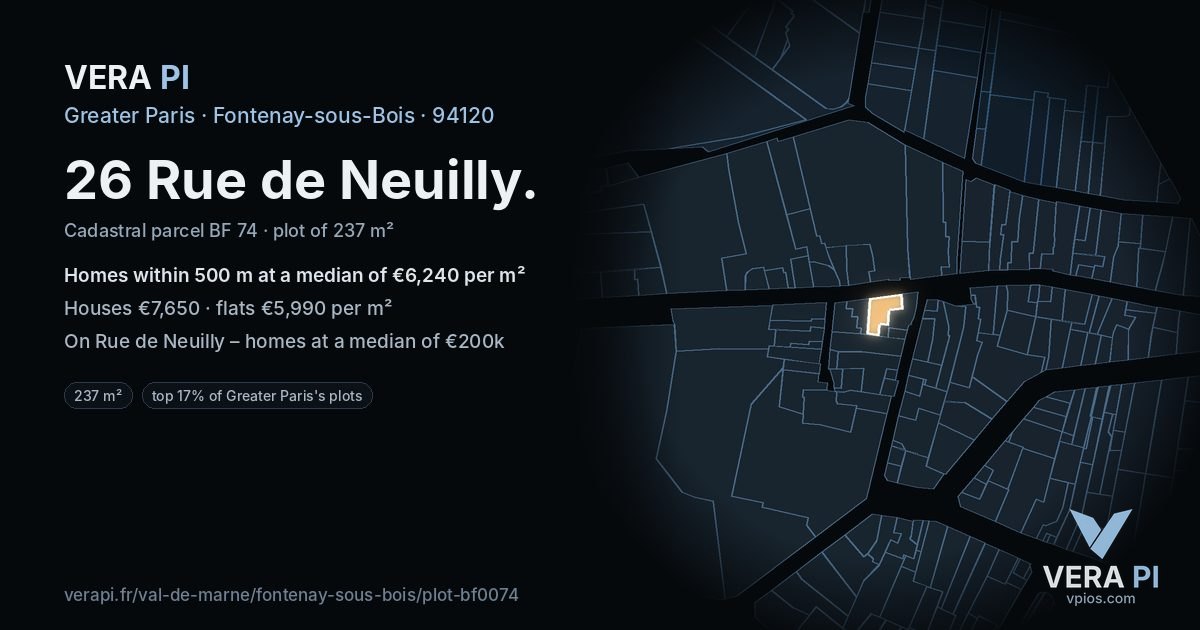 26 Rue de Neuilly, Fontenay-sous-Bois at night – the plot lit, the parcels around coloured by the prices near them