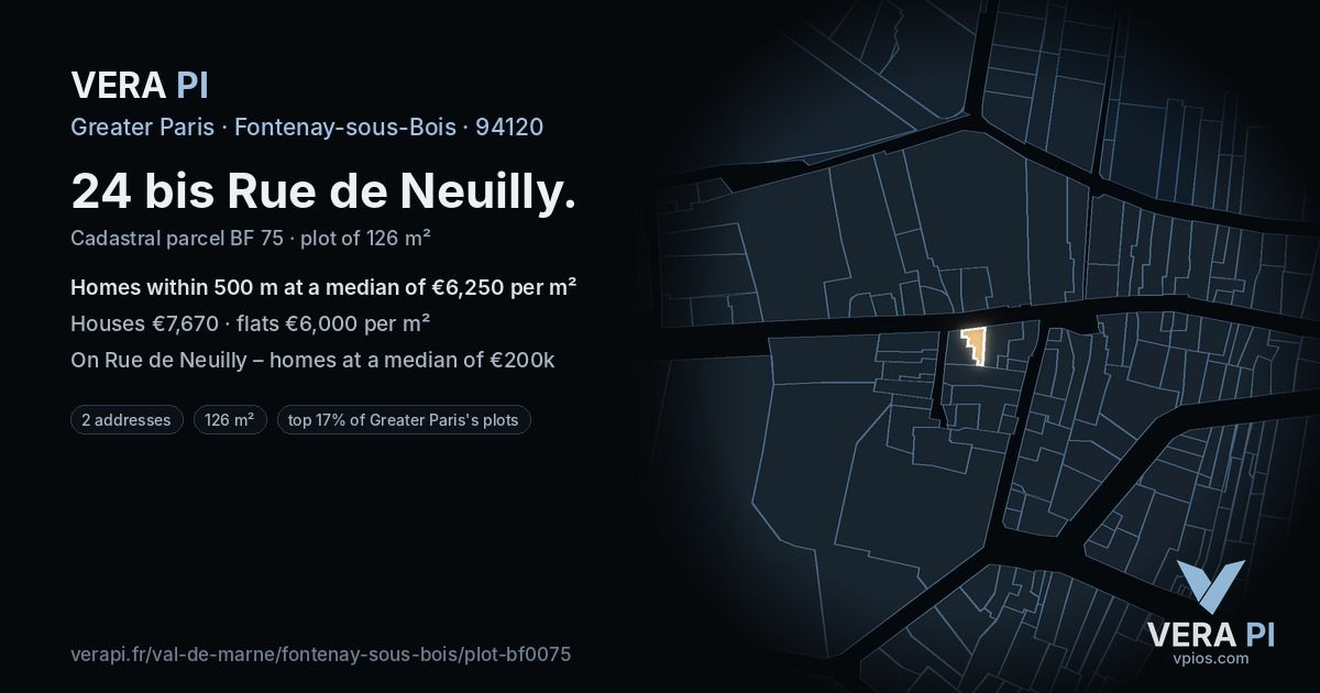 24 bis Rue de Neuilly, Fontenay-sous-Bois at night – the plot lit, the parcels around coloured by the prices near them