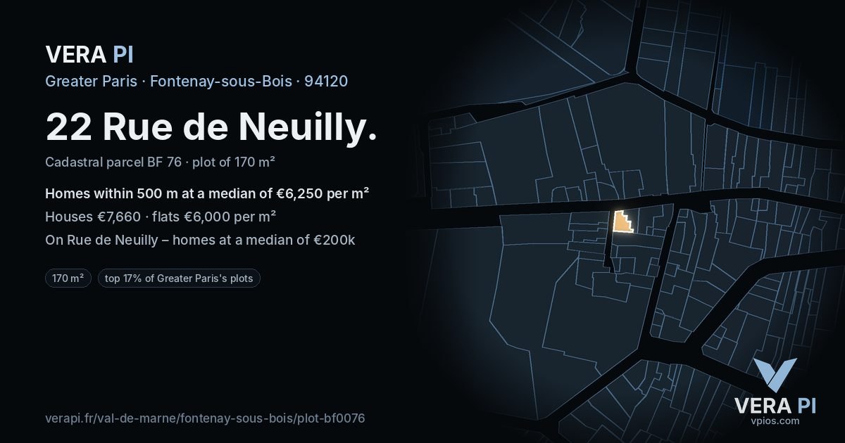 22 Rue de Neuilly, Fontenay-sous-Bois at night – the plot lit, the parcels around coloured by the prices near them