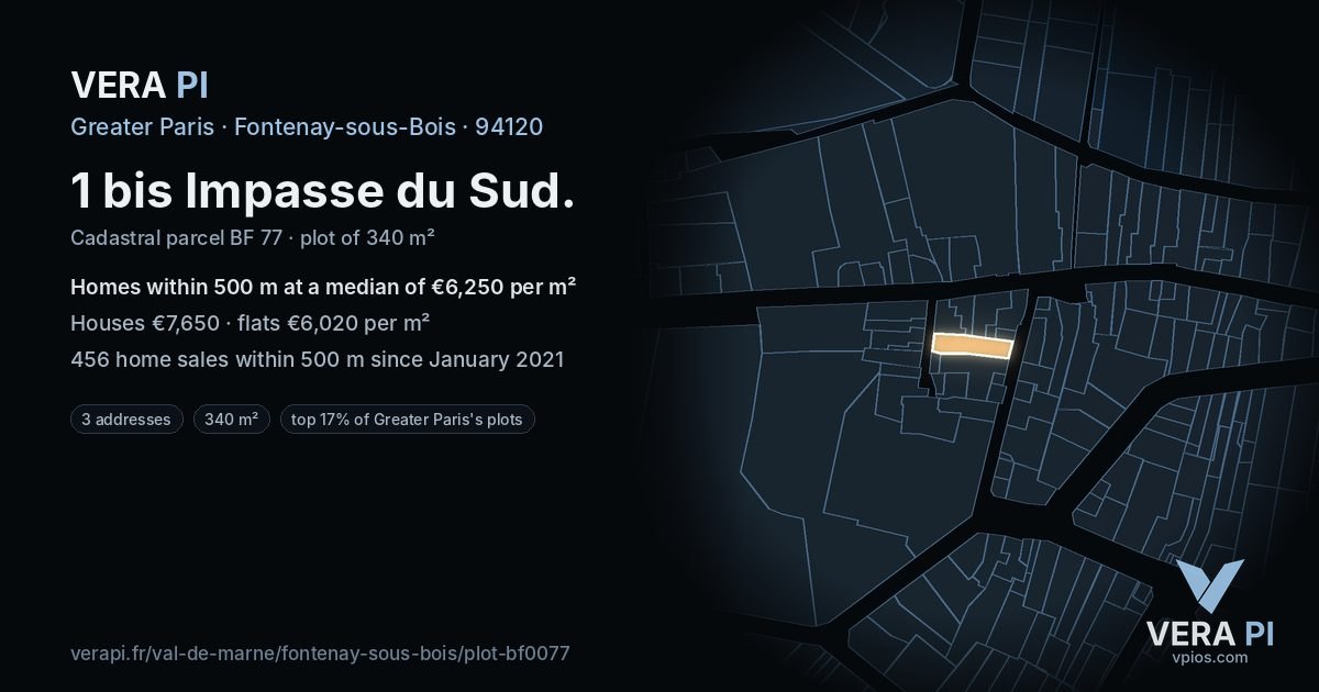 1 bis Impasse du Sud, Fontenay-sous-Bois at night – the plot lit, the parcels around coloured by the prices near them