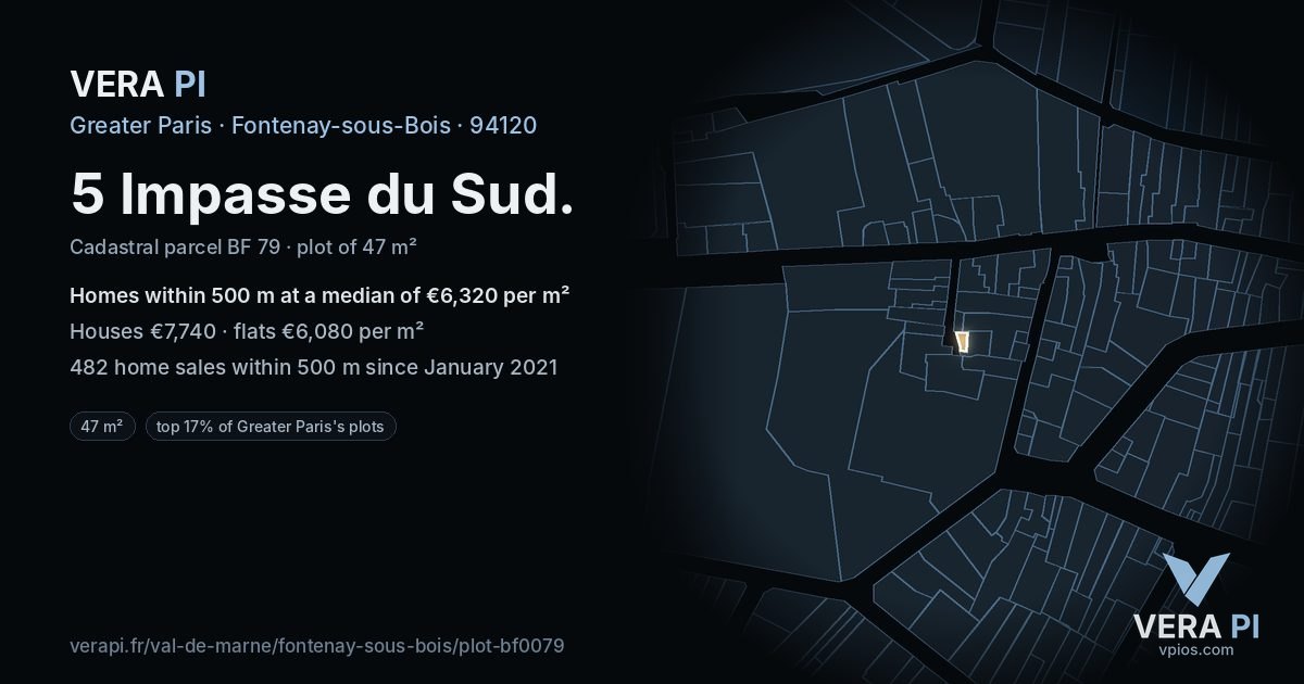 5 Impasse du Sud, Fontenay-sous-Bois at night – the plot lit, the parcels around coloured by the prices near them