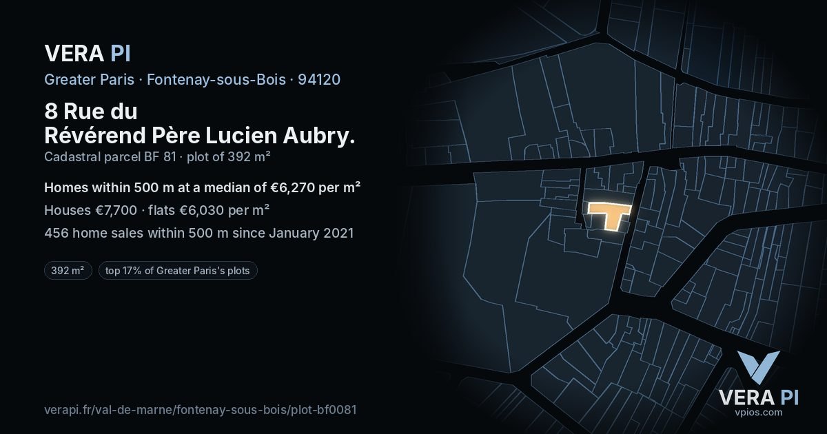 8 Rue du Révérend Père Lucien Aubry, Fontenay-sous-Bois at night – the plot lit, the parcels around coloured by the prices near them