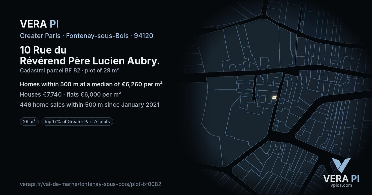 10 Rue du Révérend Père Lucien Aubry, Fontenay-sous-Bois at night – the plot lit, the parcels around coloured by the prices near them