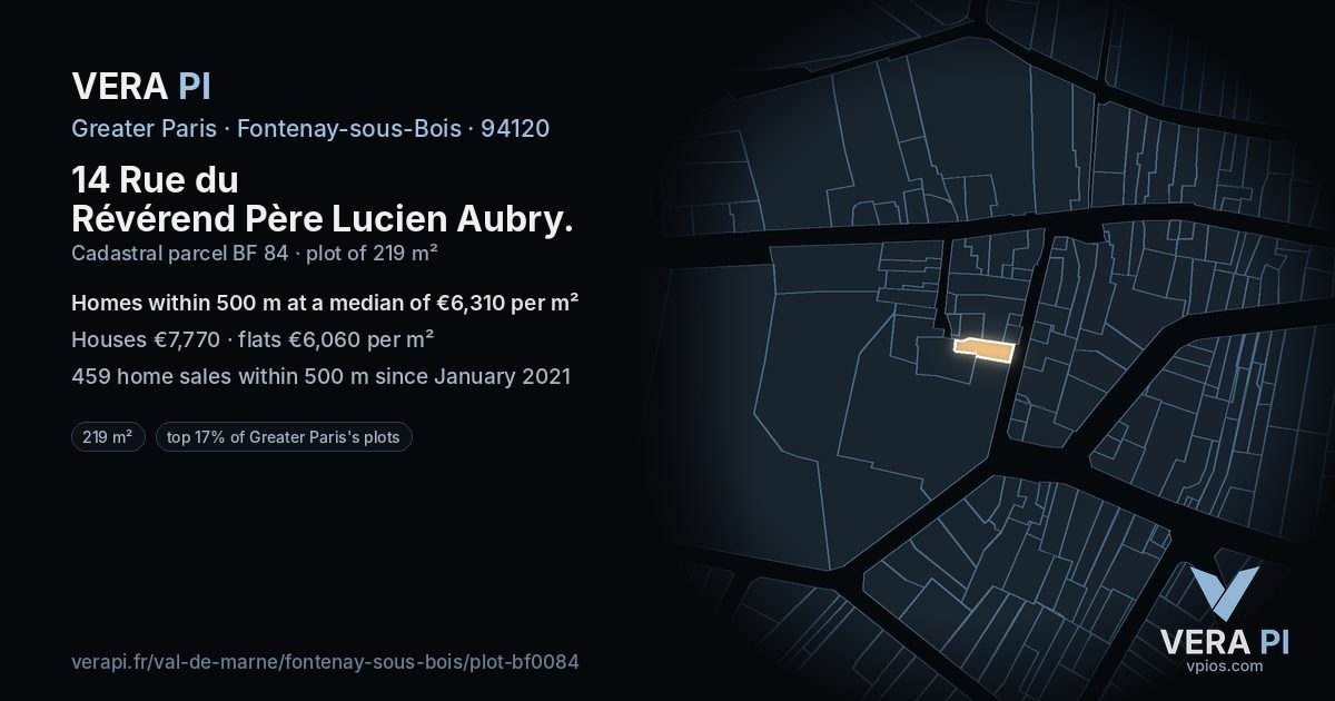 14 Rue du Révérend Père Lucien Aubry, Fontenay-sous-Bois at night – the plot lit, the parcels around coloured by the prices near them