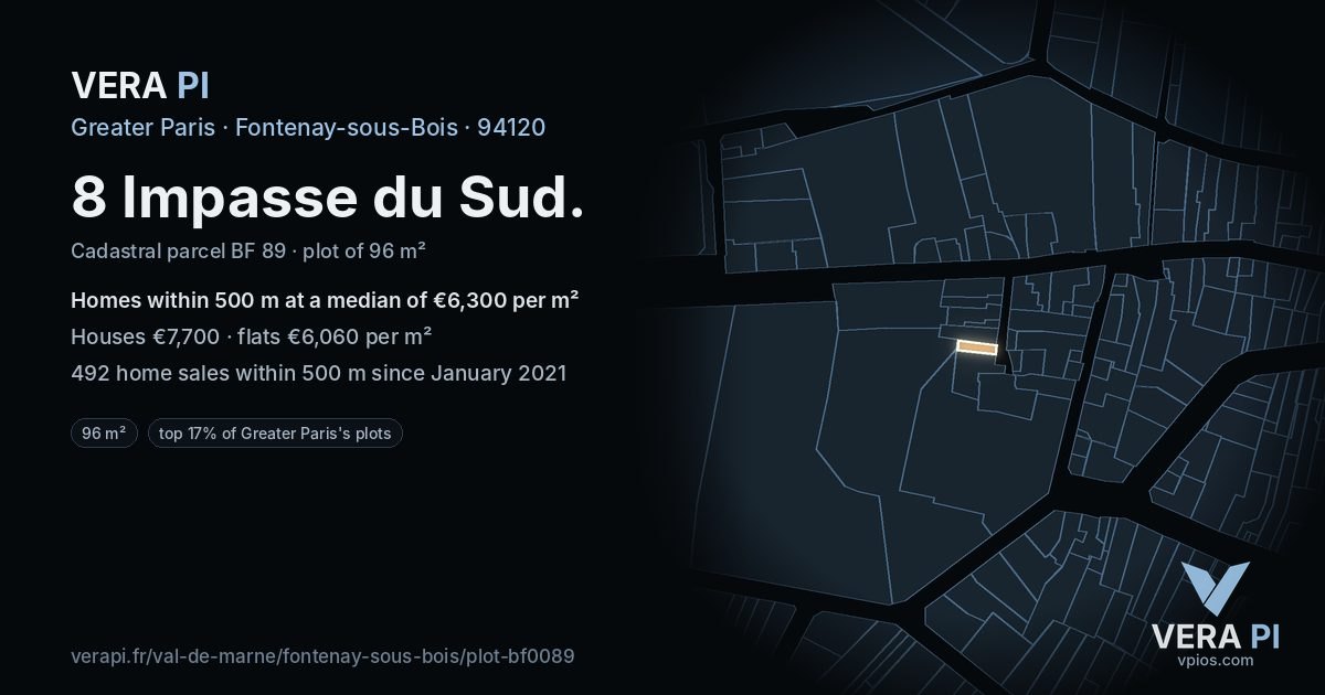 8 Impasse du Sud, Fontenay-sous-Bois at night – the plot lit, the parcels around coloured by the prices near them