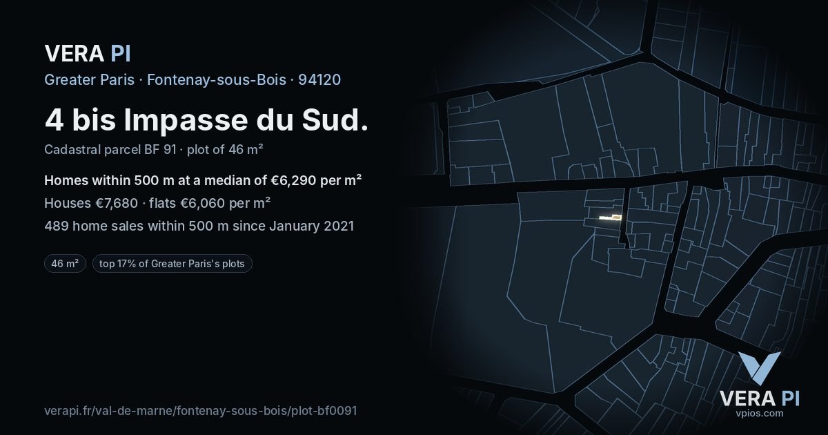 4 bis Impasse du Sud, Fontenay-sous-Bois at night – the plot lit, the parcels around coloured by the prices near them