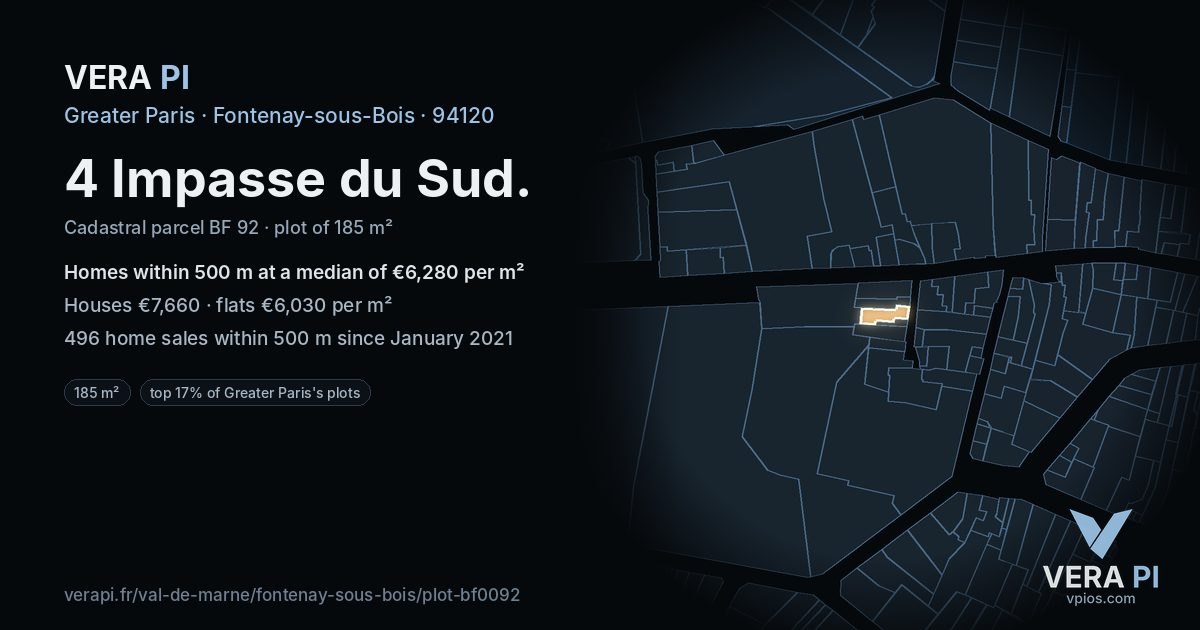 4 Impasse du Sud, Fontenay-sous-Bois at night – the plot lit, the parcels around coloured by the prices near them