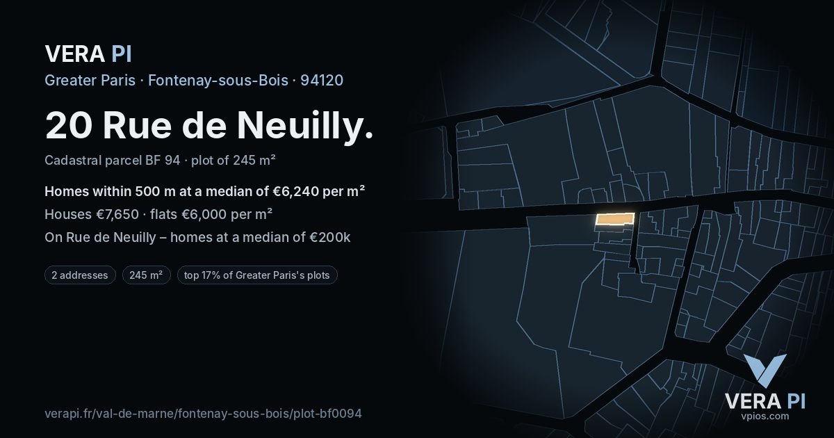 20 Rue de Neuilly, Fontenay-sous-Bois at night – the plot lit, the parcels around coloured by the prices near them