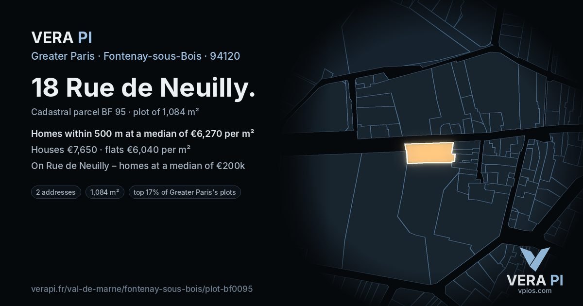 18 Rue de Neuilly, Fontenay-sous-Bois at night – the plot lit, the parcels around coloured by the prices near them