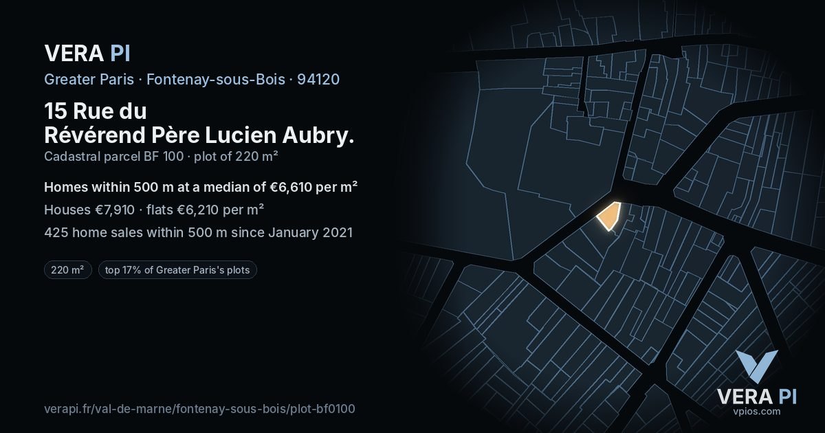 15 Rue du Révérend Père Lucien Aubry, Fontenay-sous-Bois at night – the plot lit, the parcels around coloured by the prices near them