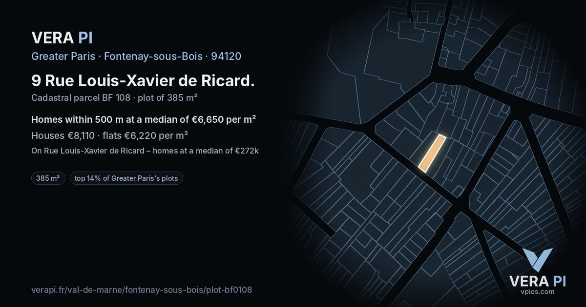 9 Rue Louis-Xavier de Ricard, Fontenay-sous-Bois at night – the plot lit, the parcels around coloured by the prices near them