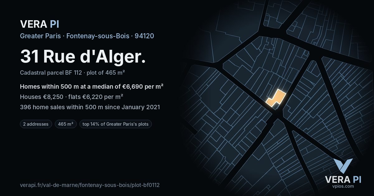 31 Rue d'Alger, Fontenay-sous-Bois at night – the plot lit, the parcels around coloured by the prices near them