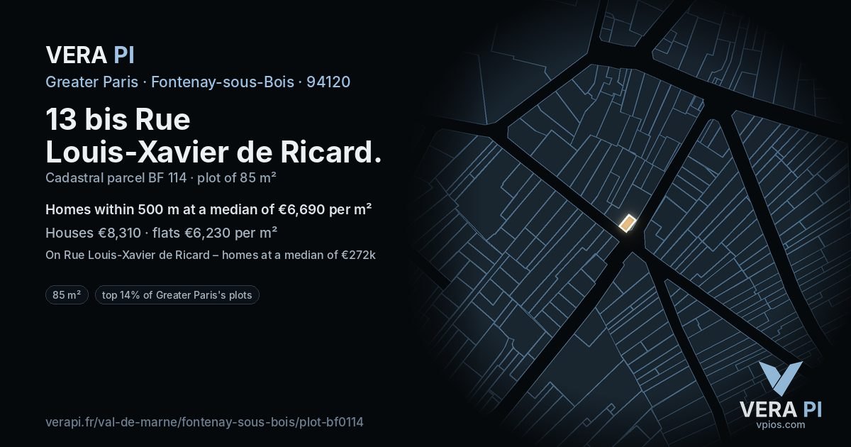 13 bis Rue Louis-Xavier de Ricard, Fontenay-sous-Bois at night – the plot lit, the parcels around coloured by the prices near them