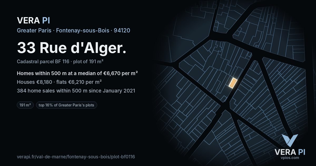 33 Rue d'Alger, Fontenay-sous-Bois at night – the plot lit, the parcels around coloured by the prices near them