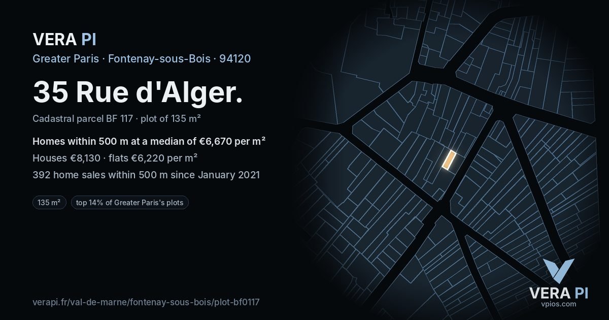 35 Rue d'Alger, Fontenay-sous-Bois at night – the plot lit, the parcels around coloured by the prices near them