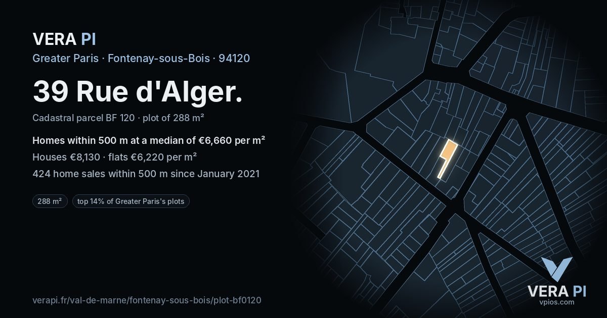 39 Rue d'Alger, Fontenay-sous-Bois at night – the plot lit, the parcels around coloured by the prices near them