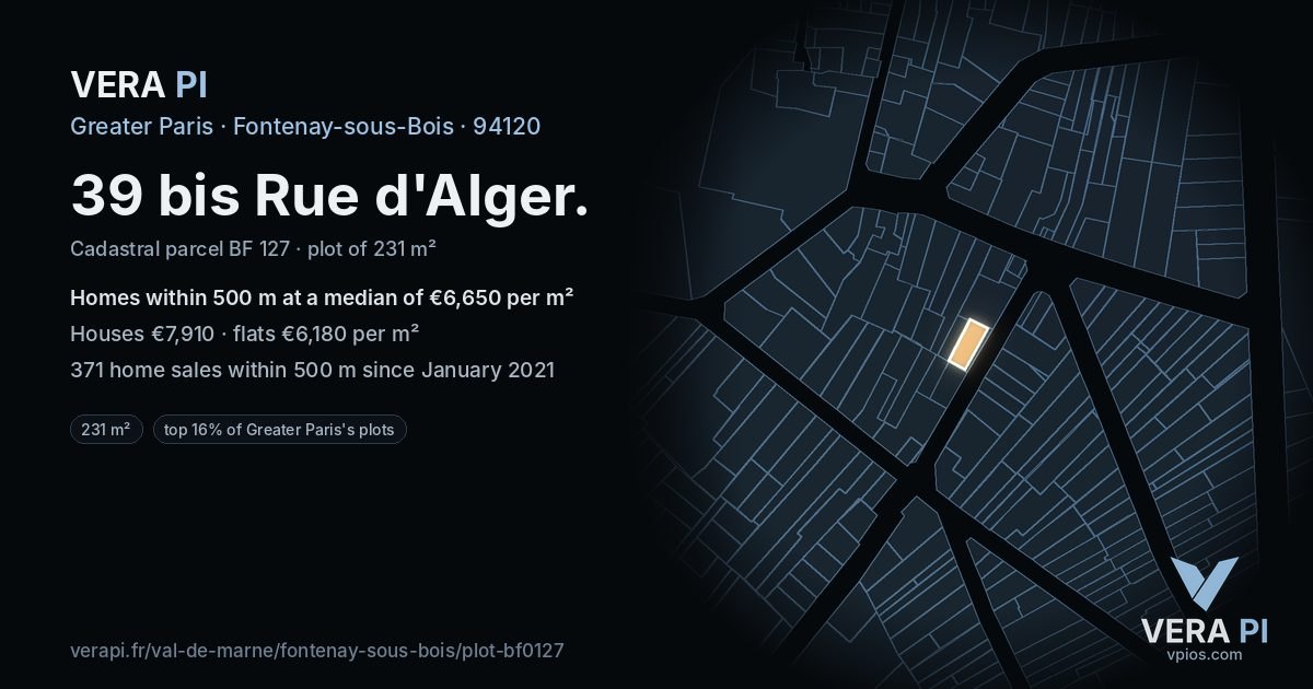 39 bis Rue d'Alger, Fontenay-sous-Bois at night – the plot lit, the parcels around coloured by the prices near them
