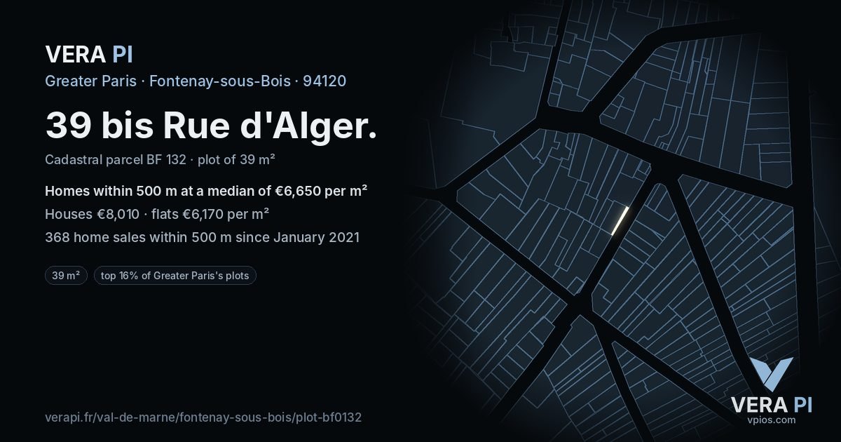 39 bis Rue d'Alger, Fontenay-sous-Bois at night – the plot lit, the parcels around coloured by the prices near them