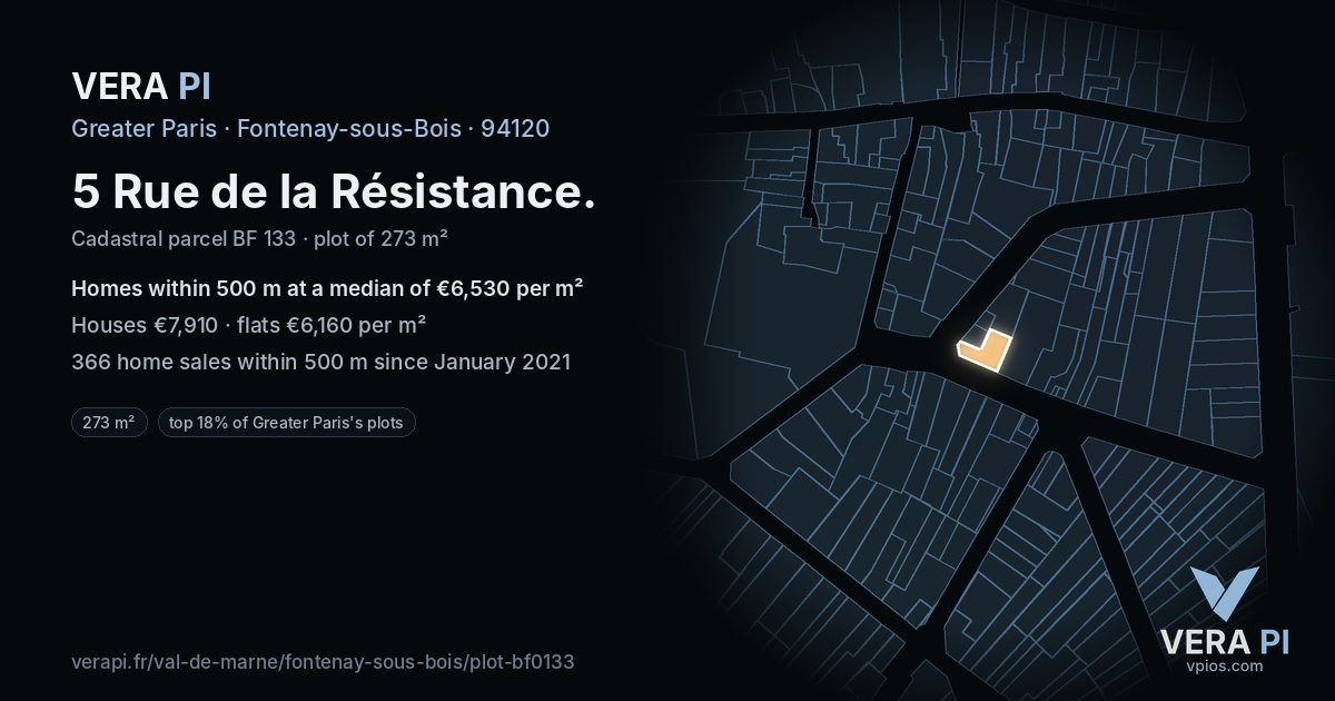 5 Rue de la Résistance, Fontenay-sous-Bois at night – the plot lit, the parcels around coloured by the prices near them