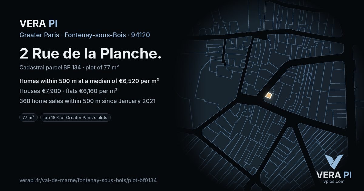 2 Rue de la Planche, Fontenay-sous-Bois at night – the plot lit, the parcels around coloured by the prices near them