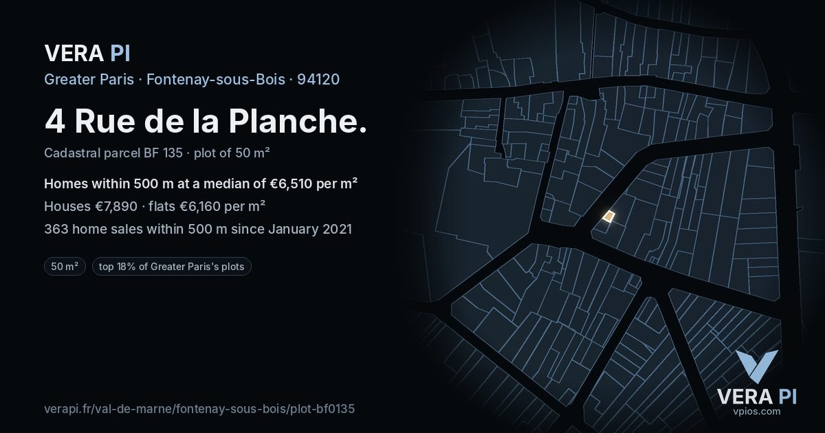4 Rue de la Planche, Fontenay-sous-Bois at night – the plot lit, the parcels around coloured by the prices near them