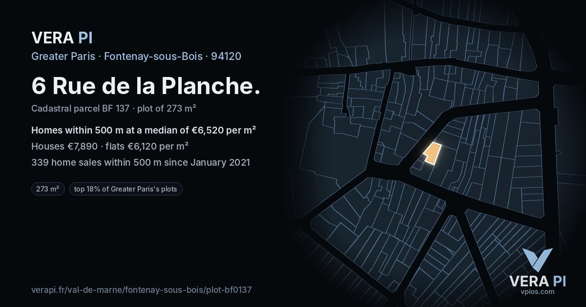 6 Rue de la Planche, Fontenay-sous-Bois at night – the plot lit, the parcels around coloured by the prices near them