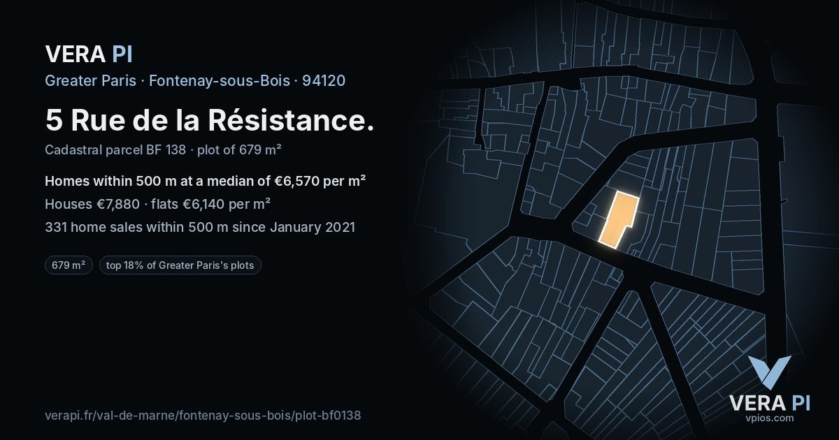 5 Rue de la Résistance, Fontenay-sous-Bois at night – the plot lit, the parcels around coloured by the prices near them
