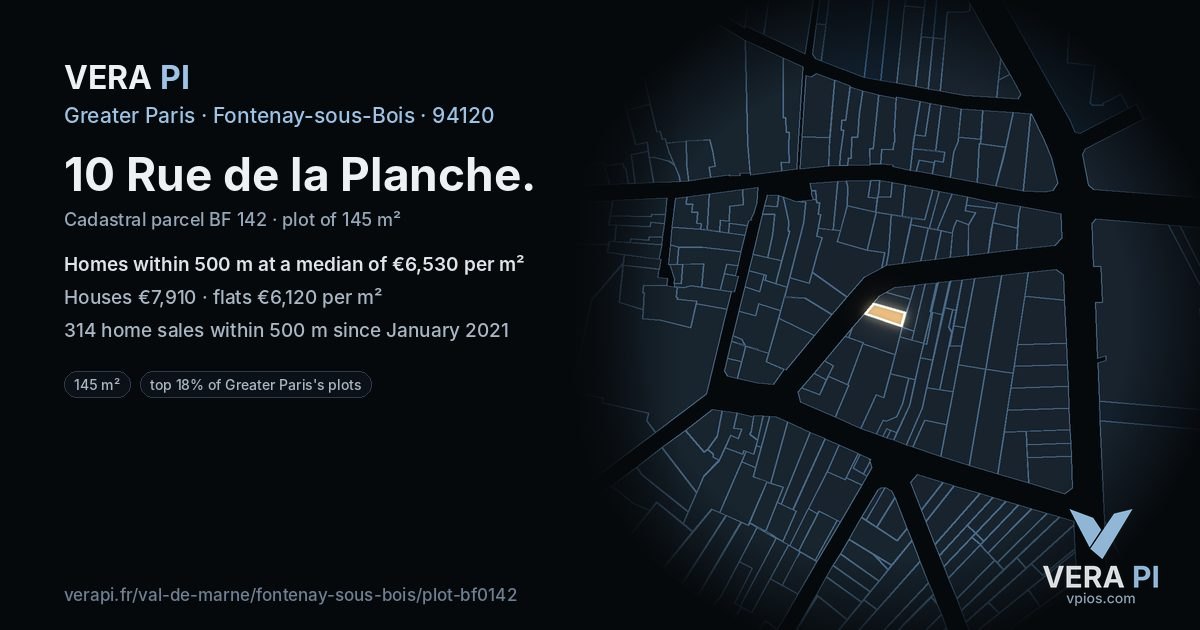 10 Rue de la Planche, Fontenay-sous-Bois at night – the plot lit, the parcels around coloured by the prices near them