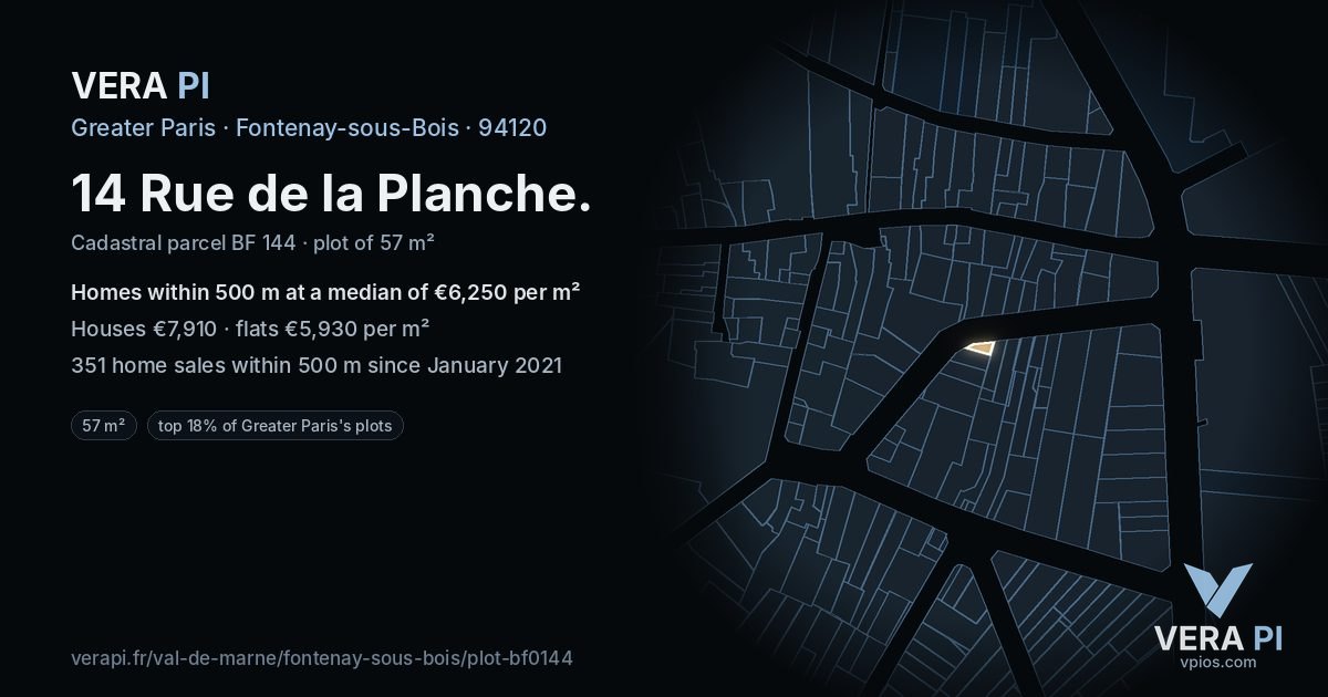 14 Rue de la Planche, Fontenay-sous-Bois at night – the plot lit, the parcels around coloured by the prices near them
