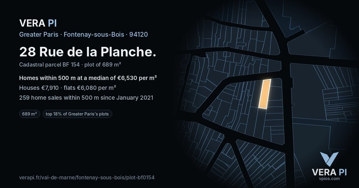 28 Rue de la Planche, Fontenay-sous-Bois at night – the plot lit, the parcels around coloured by the prices near them