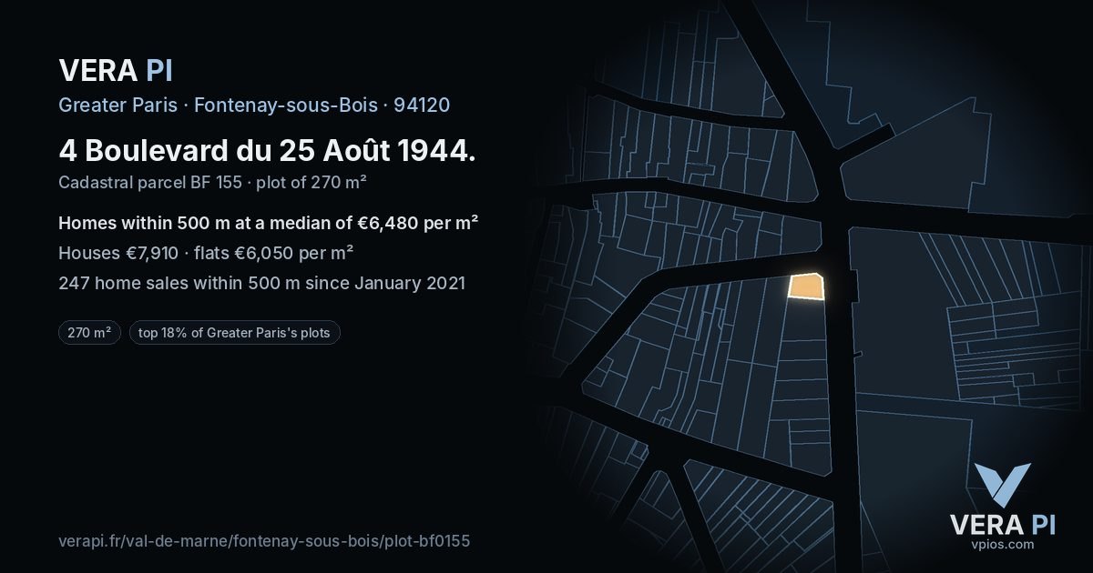 4 Boulevard du 25 Août 1944, Fontenay-sous-Bois at night – the plot lit, the parcels around coloured by the prices near them