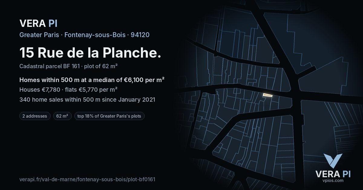 15 Rue de la Planche, Fontenay-sous-Bois at night – the plot lit, the parcels around coloured by the prices near them