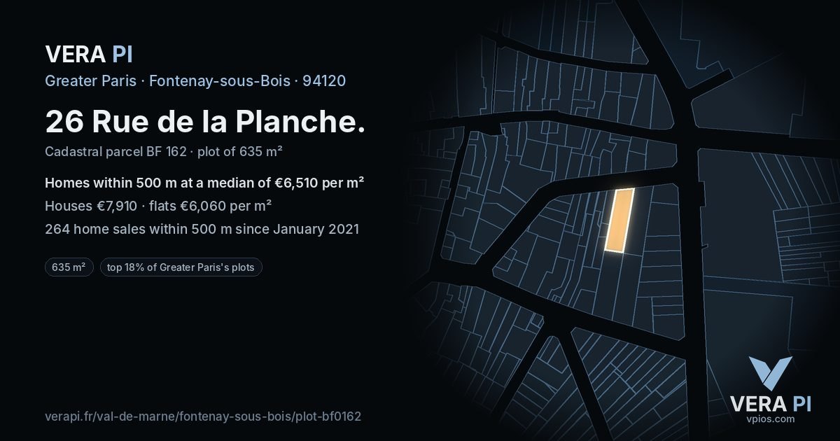 26 Rue de la Planche, Fontenay-sous-Bois at night – the plot lit, the parcels around coloured by the prices near them