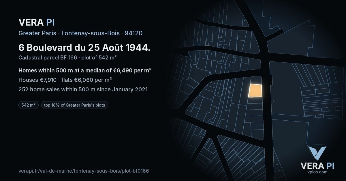 6 Boulevard du 25 Août 1944, Fontenay-sous-Bois at night – the plot lit, the parcels around coloured by the prices near them