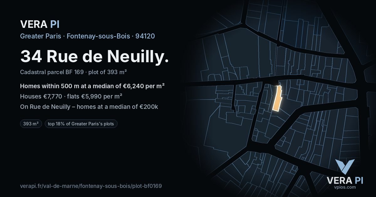 34 Rue de Neuilly, Fontenay-sous-Bois at night – the plot lit, the parcels around coloured by the prices near them