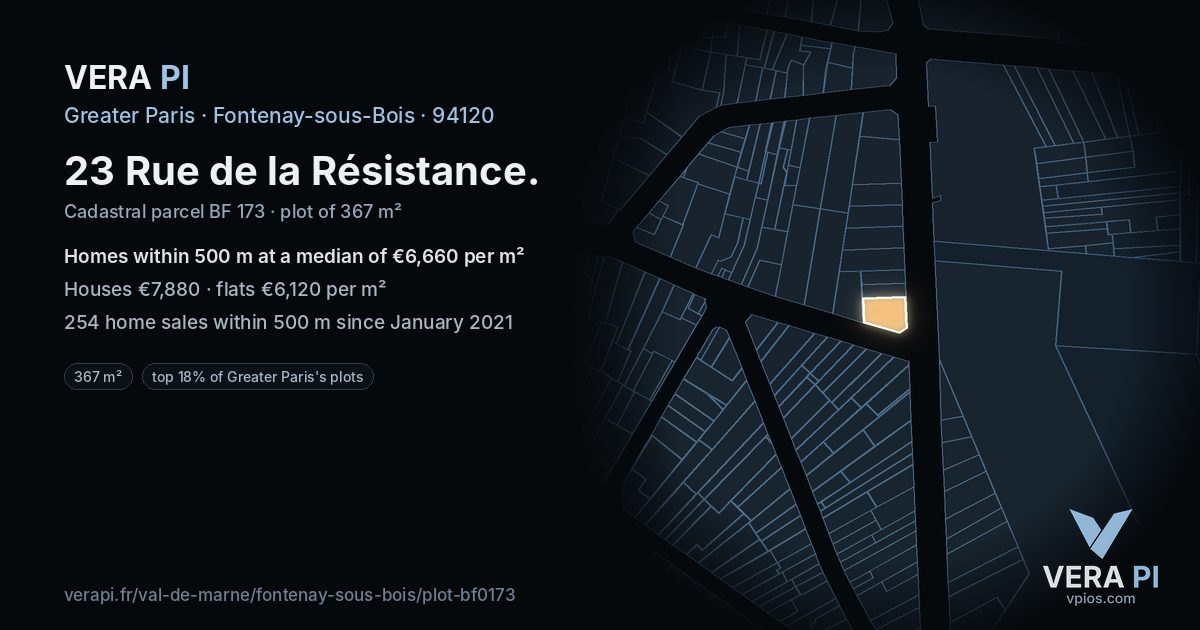 23 Rue de la Résistance, Fontenay-sous-Bois at night – the plot lit, the parcels around coloured by the prices near them