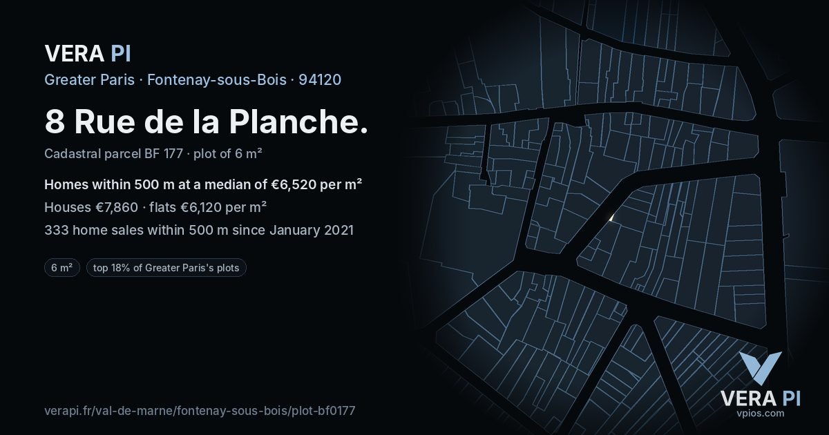 8 Rue de la Planche, Fontenay-sous-Bois at night – the plot lit, the parcels around coloured by the prices near them