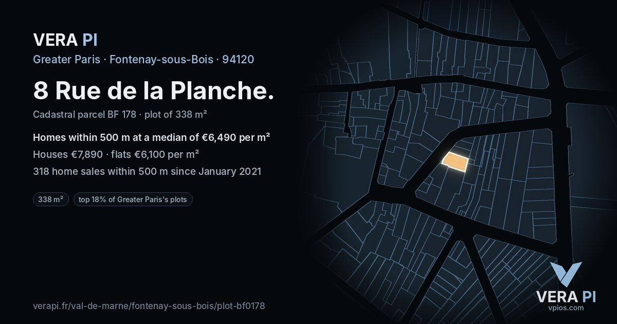 8 Rue de la Planche, Fontenay-sous-Bois at night – the plot lit, the parcels around coloured by the prices near them