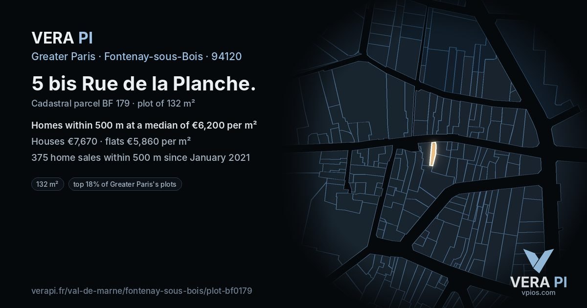 5 bis Rue de la Planche, Fontenay-sous-Bois at night – the plot lit, the parcels around coloured by the prices near them