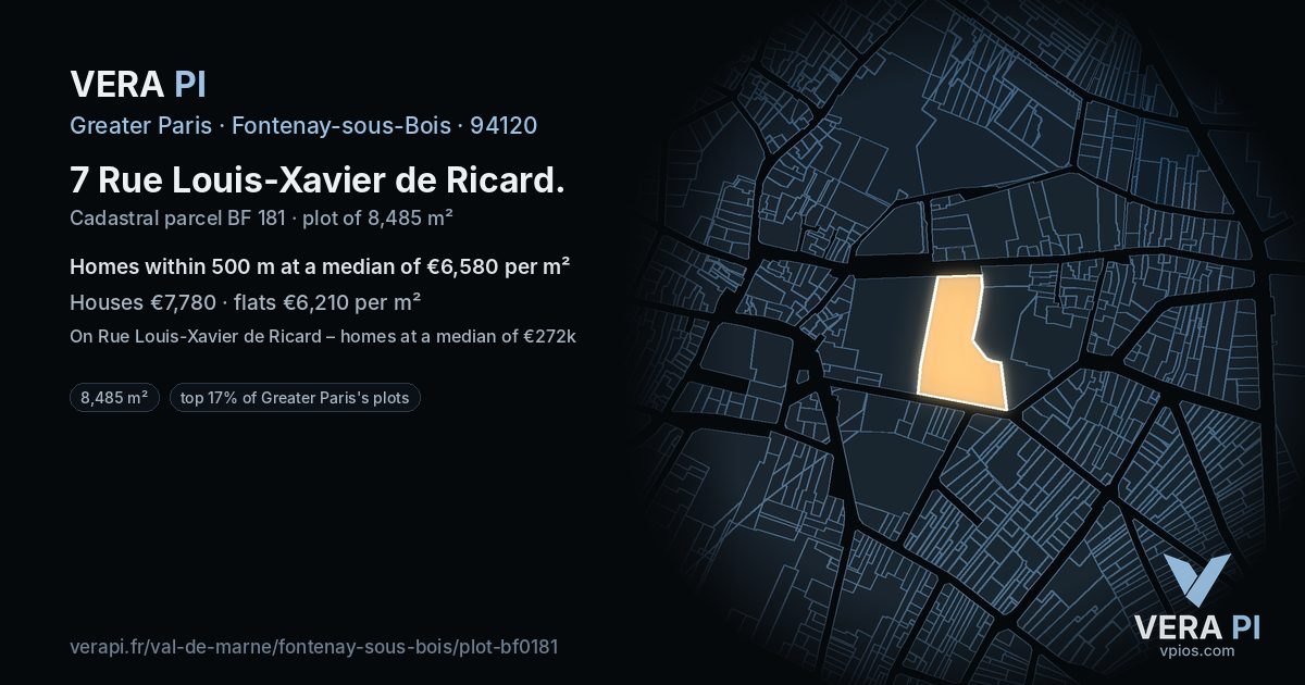 7 Rue Louis-Xavier de Ricard, Fontenay-sous-Bois at night – the plot lit, the parcels around coloured by the prices near them
