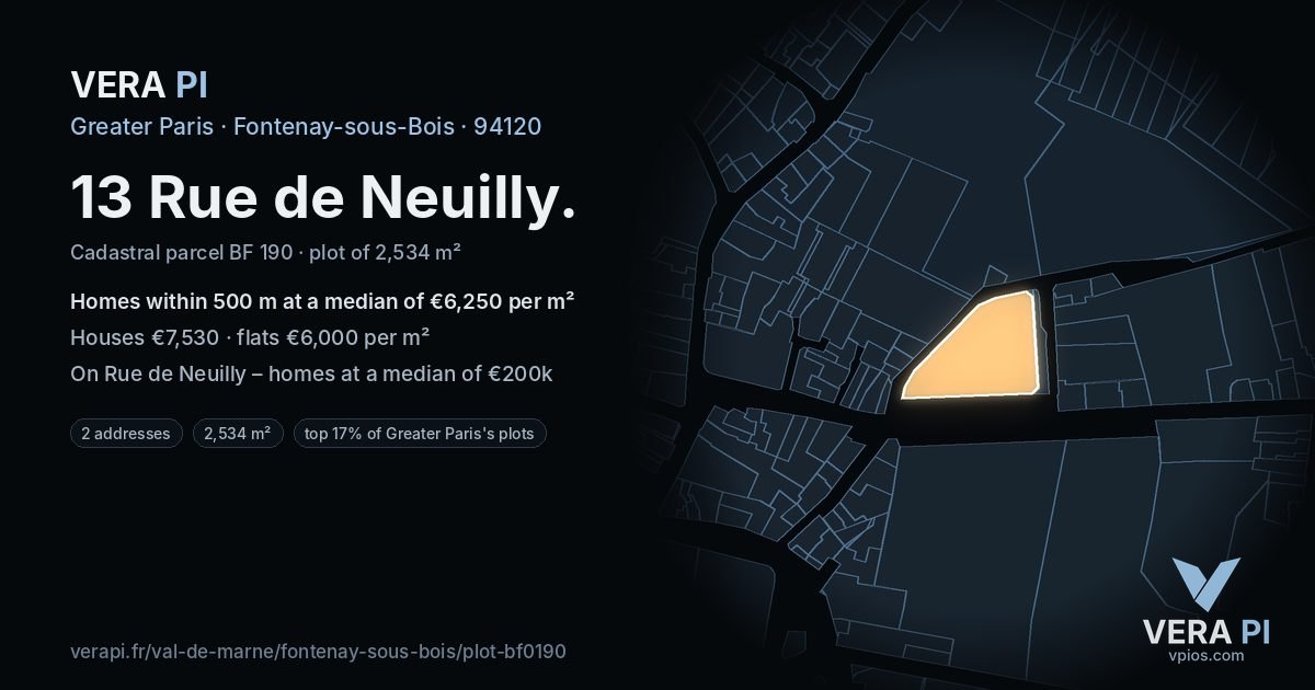 13 Rue de Neuilly, Fontenay-sous-Bois at night – the plot lit, the parcels around coloured by the prices near them