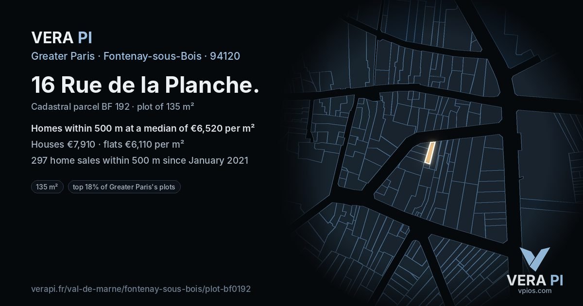 16 Rue de la Planche, Fontenay-sous-Bois at night – the plot lit, the parcels around coloured by the prices near them