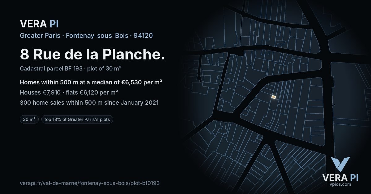 8 Rue de la Planche, Fontenay-sous-Bois at night – the plot lit, the parcels around coloured by the prices near them