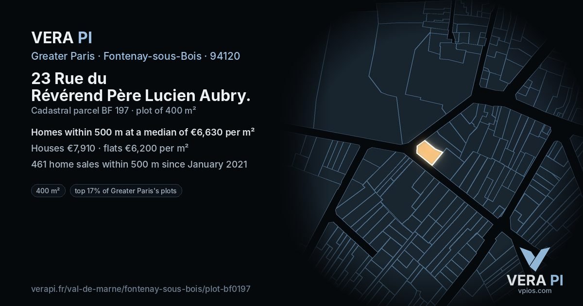 23 Rue du Révérend Père Lucien Aubry, Fontenay-sous-Bois at night – the plot lit, the parcels around coloured by the prices near them