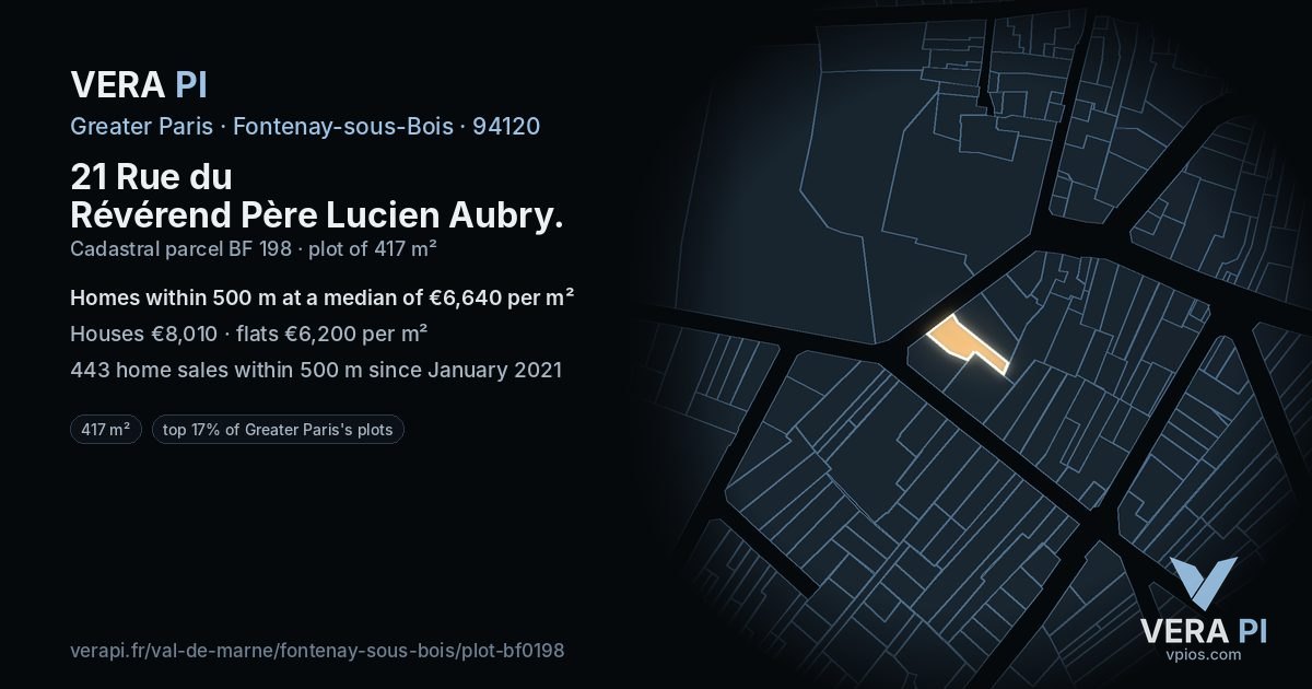 21 Rue du Révérend Père Lucien Aubry, Fontenay-sous-Bois at night – the plot lit, the parcels around coloured by the prices near them