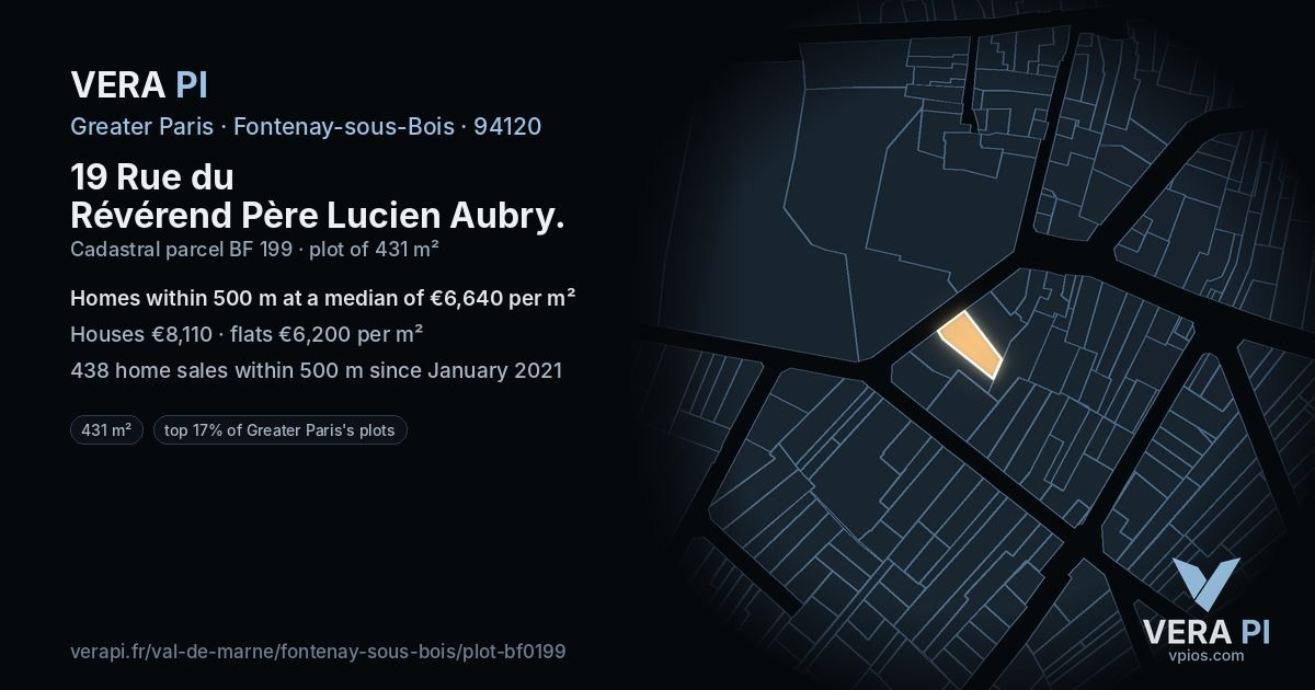 19 Rue du Révérend Père Lucien Aubry, Fontenay-sous-Bois at night – the plot lit, the parcels around coloured by the prices near them